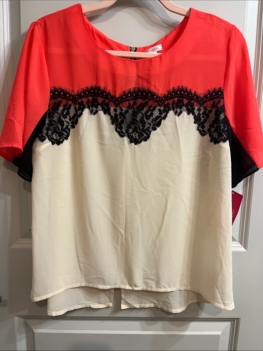 Xhilaration Coral & Cream Short Sleeve Blouse with Black Lace Trim